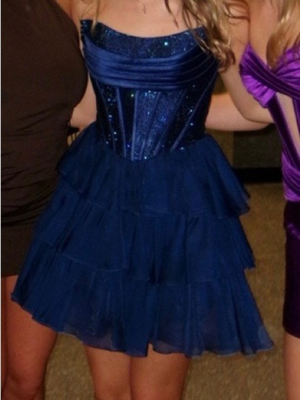 Sherri Hill Navy Sparkle Tiered Corset Dress
